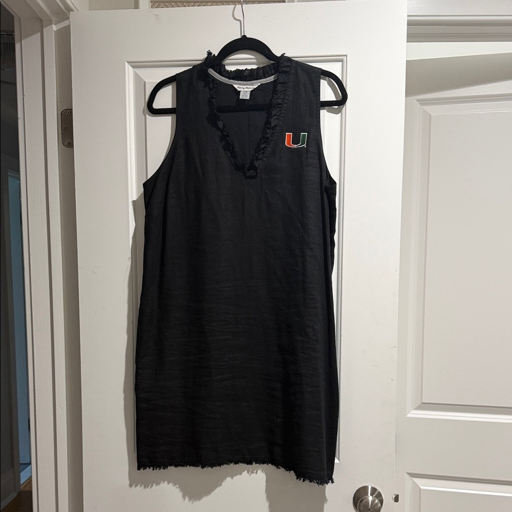 UMiami embroidered logo Black Linen Sleeveless Dress